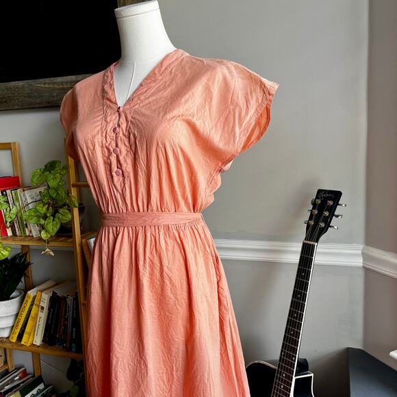 Vintage 70s Pink Cotton A-Line Day Dress Size Medium - Picture 4 of 8
